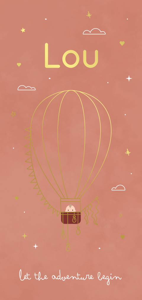 Geboortekaartje meisje met luchtballon en kindje met goudfolie