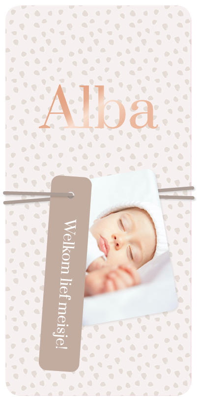 label geboortekaartje Alba met stippenpatroon en roségoudfolie
