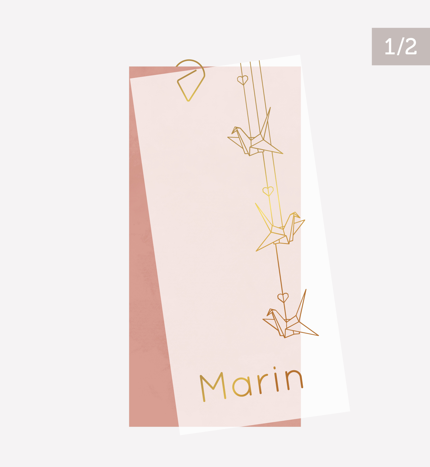 kalkpapier voorkant geboortekaartje Marin met kraanvogels in goudfolie