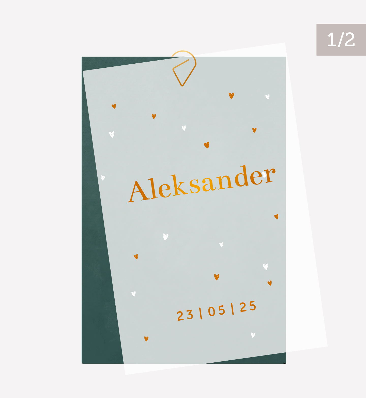 kalkpapier voorkant geboortekaartje Aleksander met hartjes