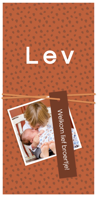 geboortekaartje met labels Lev in terracotta met stippenprint